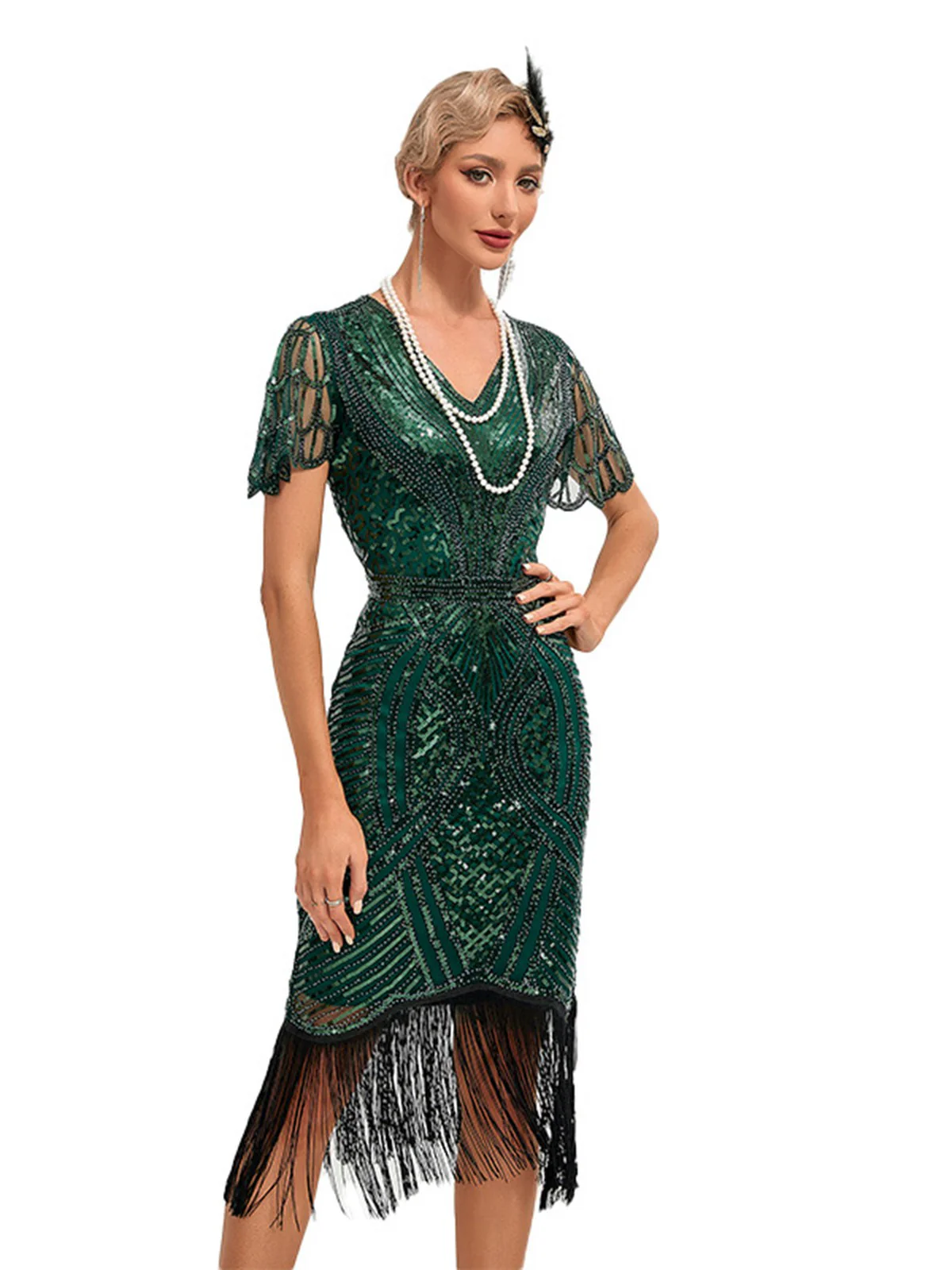 1920s Cap Sleeves Tassel Sequined Dress - Image 3