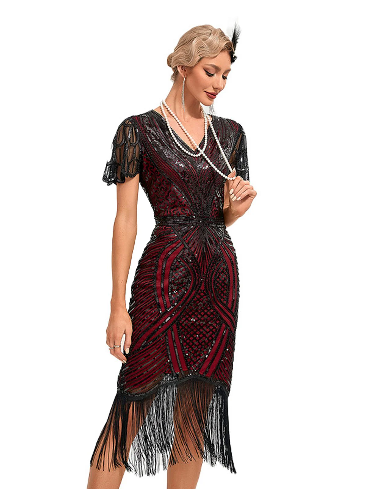 1920s Cap Sleeves Tassel Sequined Dress - Image 5