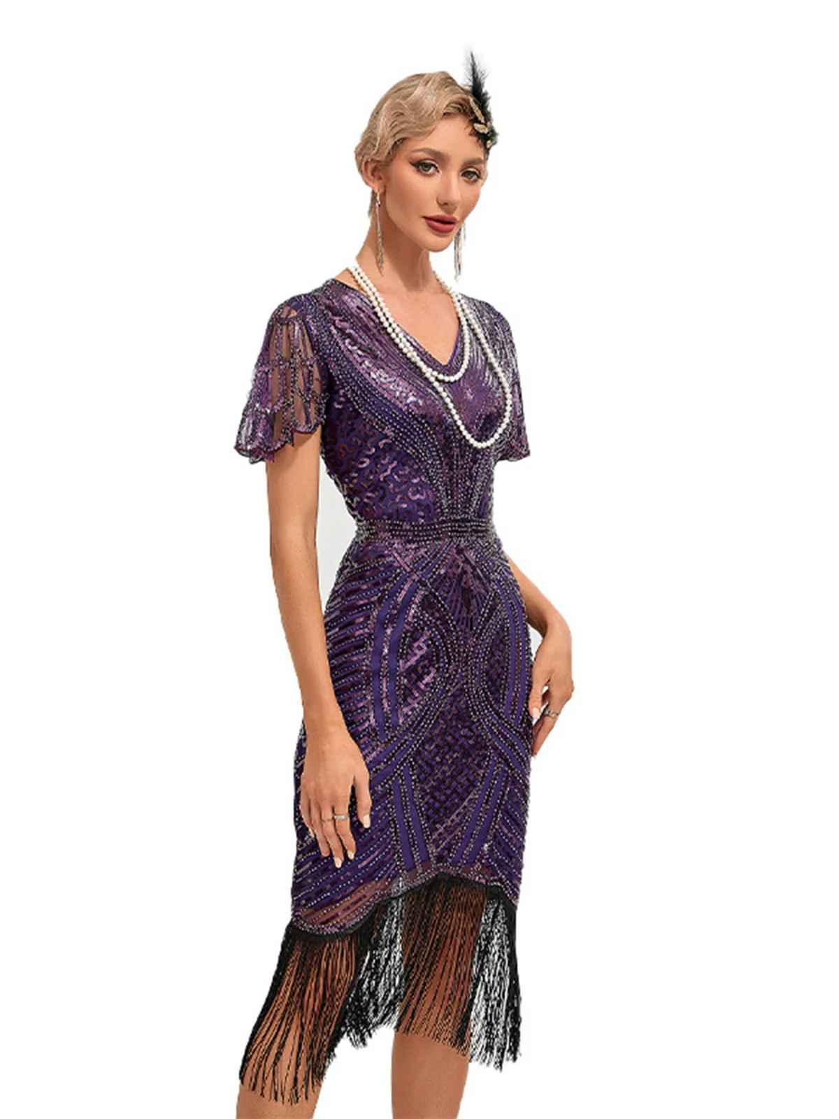 1920s Cap Sleeves Tassel Sequined Dress - Image 7