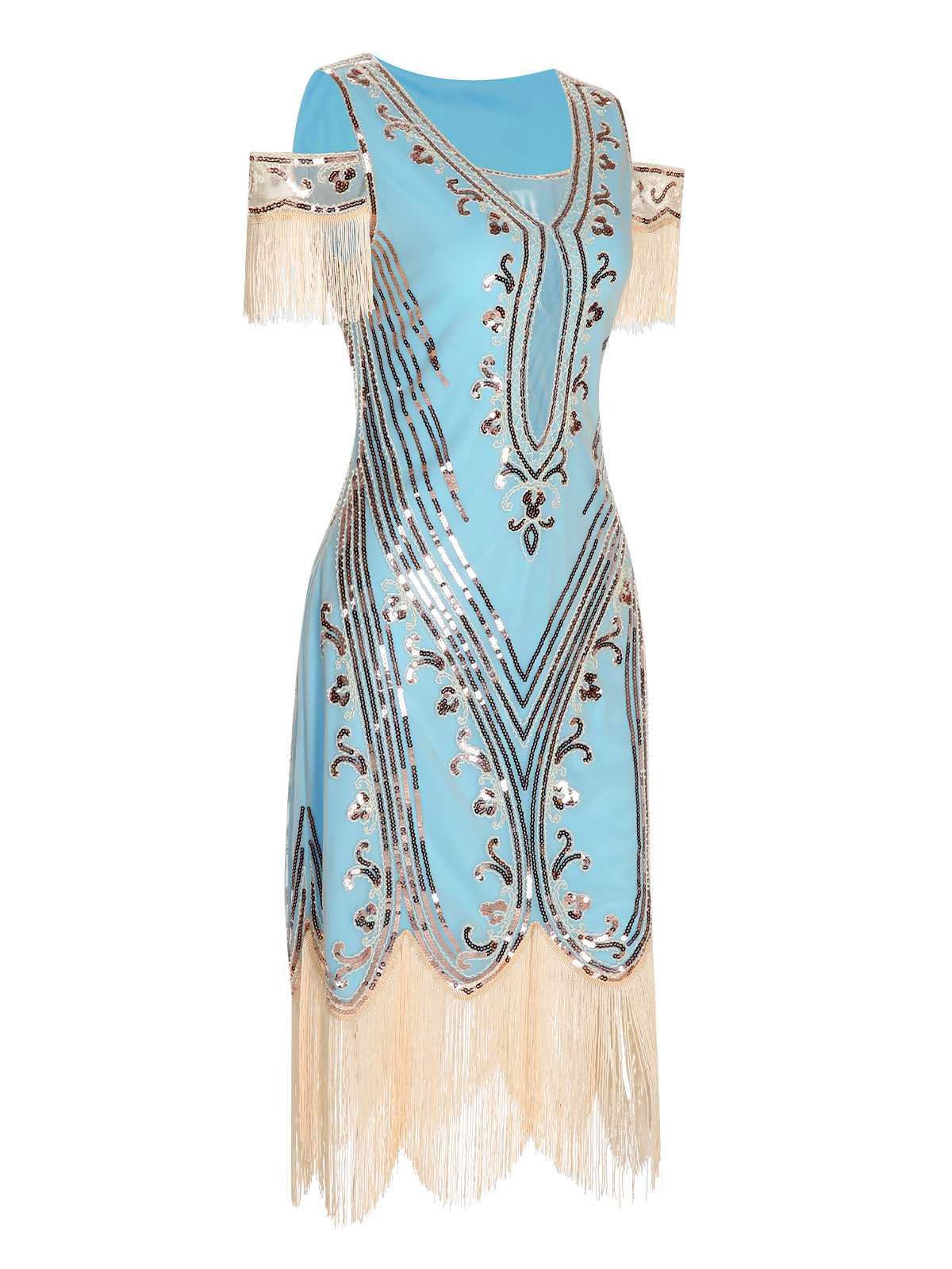 1920s Cold Shoulder Embroidered Fringe Sequins Dress - Image 10