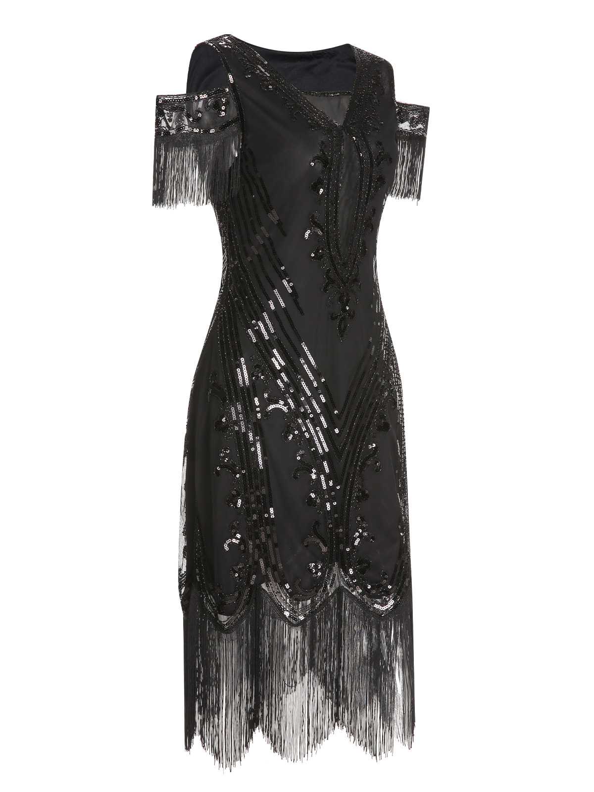 1920s Cold Shoulder Embroidered Fringe Sequins Dress - Image 2