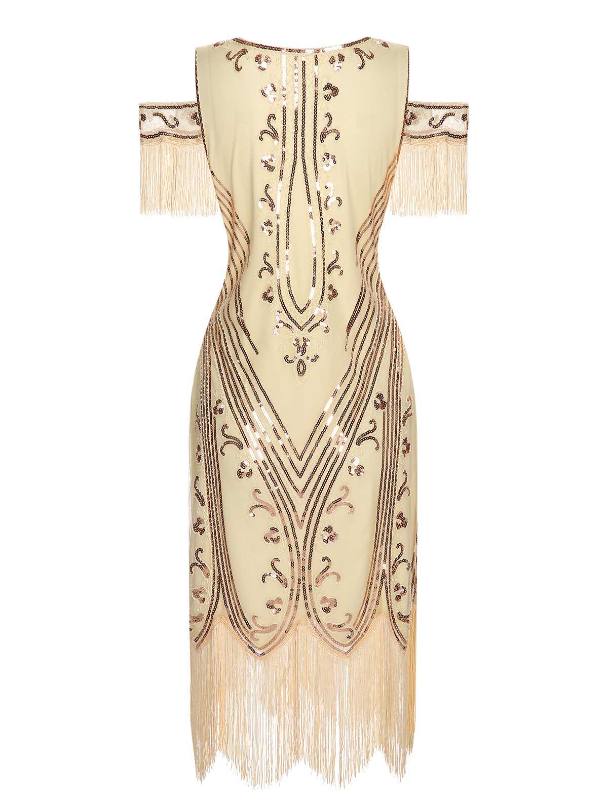 1920s Cold Shoulder Embroidered Fringe Sequins Dress - Image 7