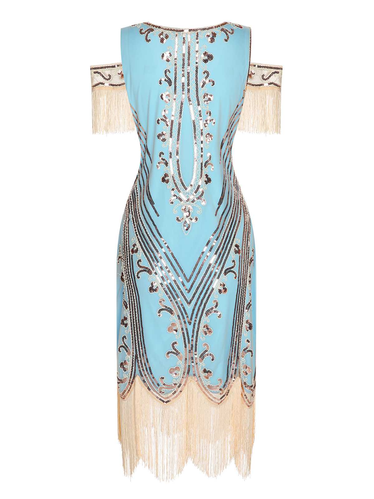 1920s Cold Shoulder Embroidered Fringe Sequins Dress - Image 11