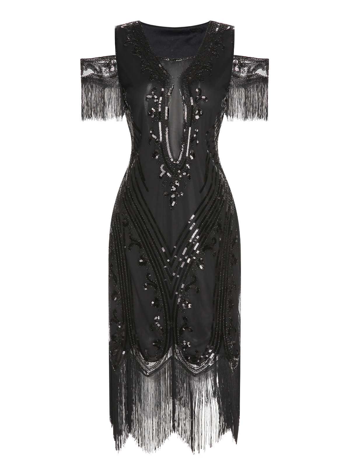 1920s Cold Shoulder Embroidered Fringe Sequins Dress - Image 5