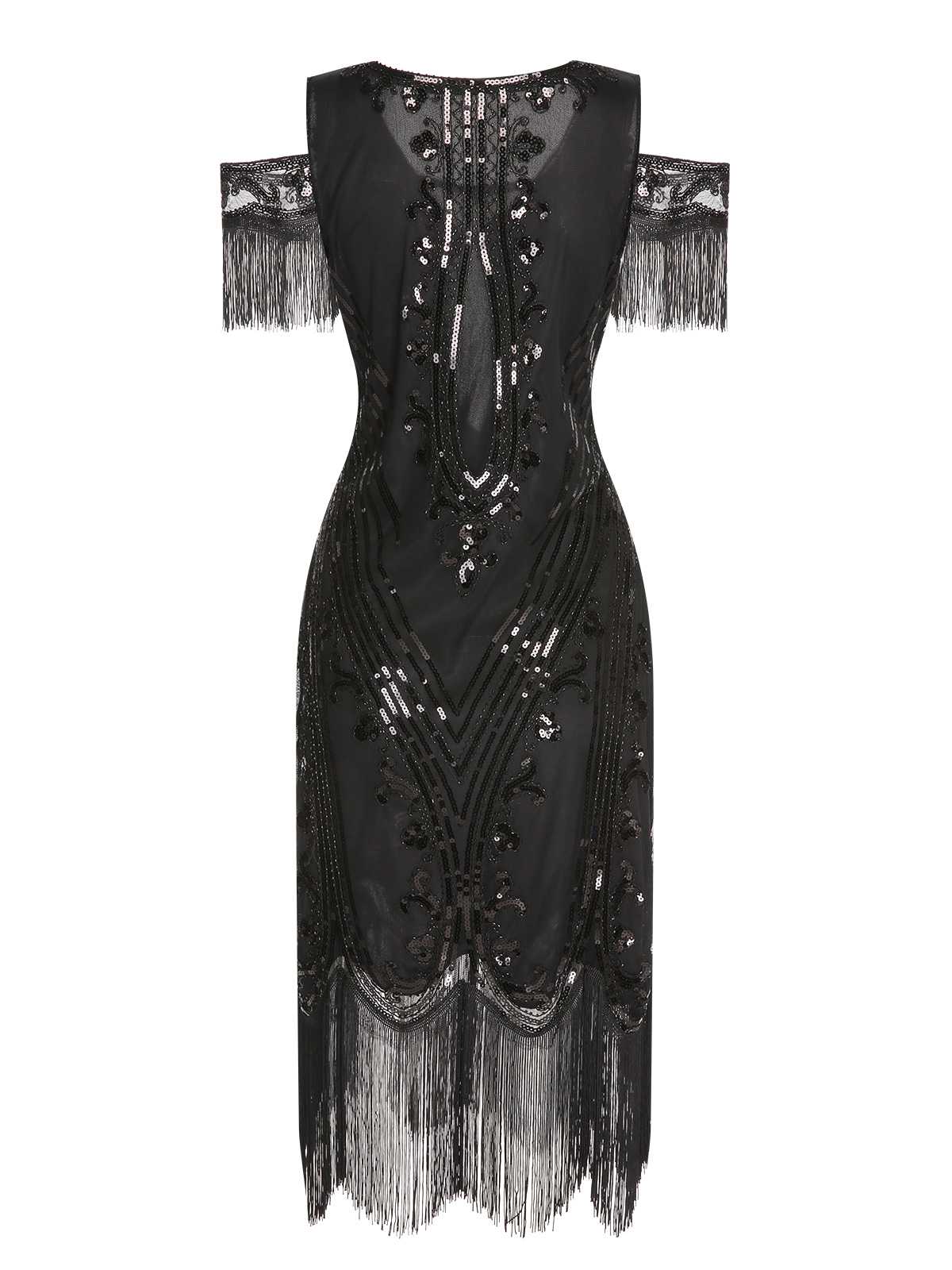 1920s Cold Shoulder Embroidered Fringe Sequins Dress - Image 7