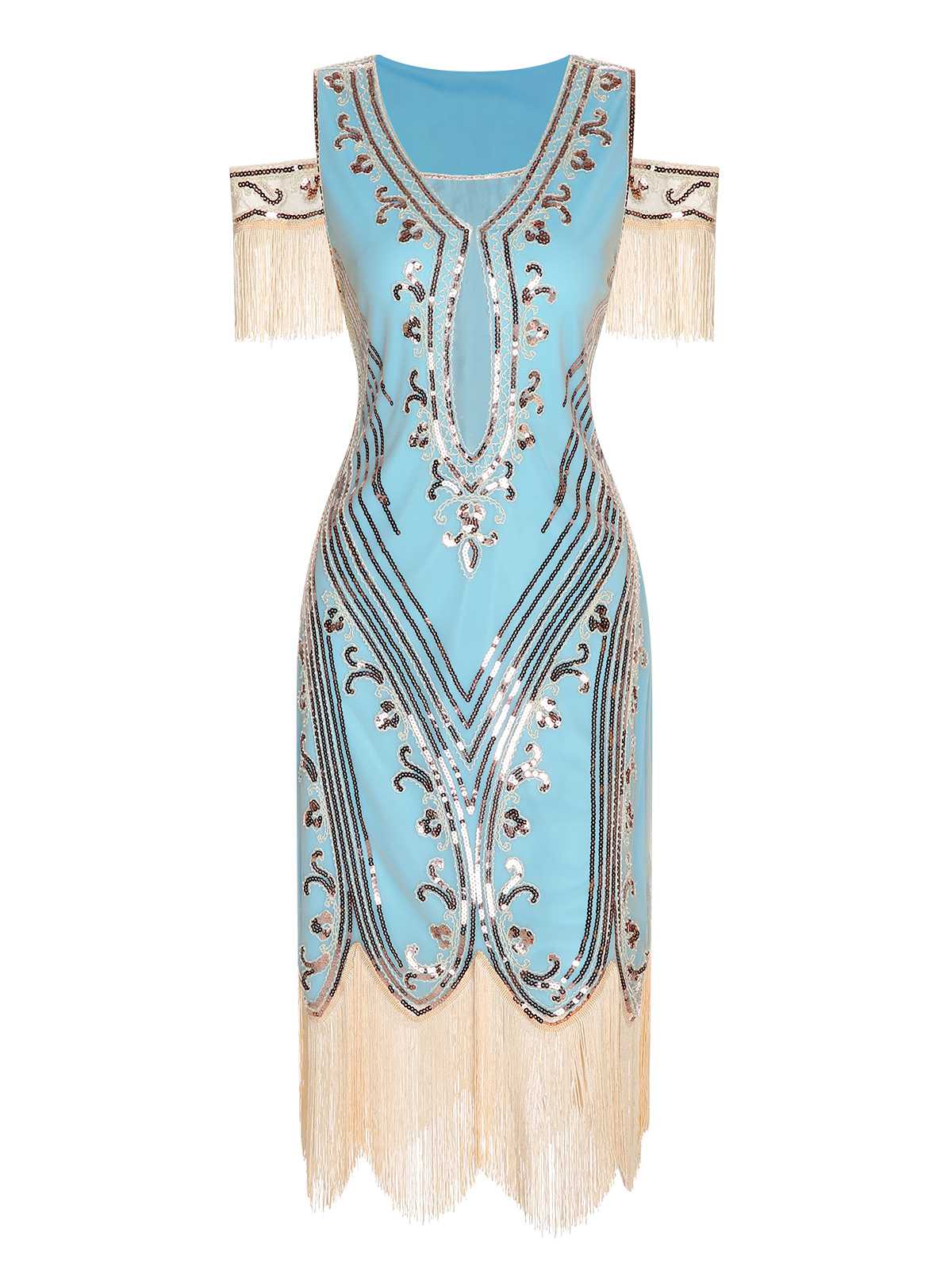 1920s Cold Shoulder Embroidered Fringe Sequins Dress - Image 9