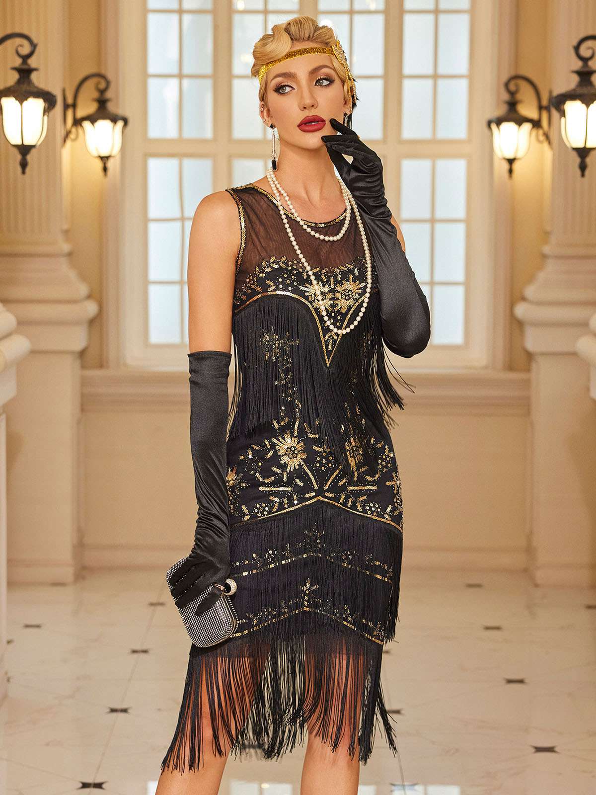 1920s Floral Pattern Mesh Sequined Tassel Dress - Image 4