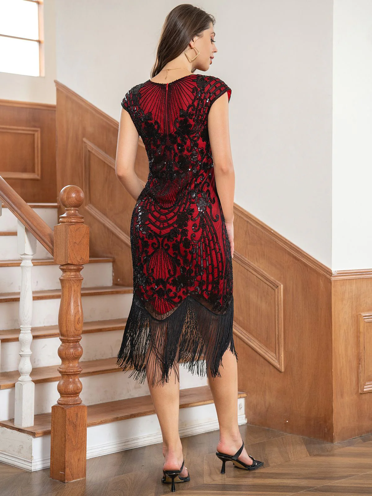 1920s Floral Pattern Sequined Tassel Dress - Image 3