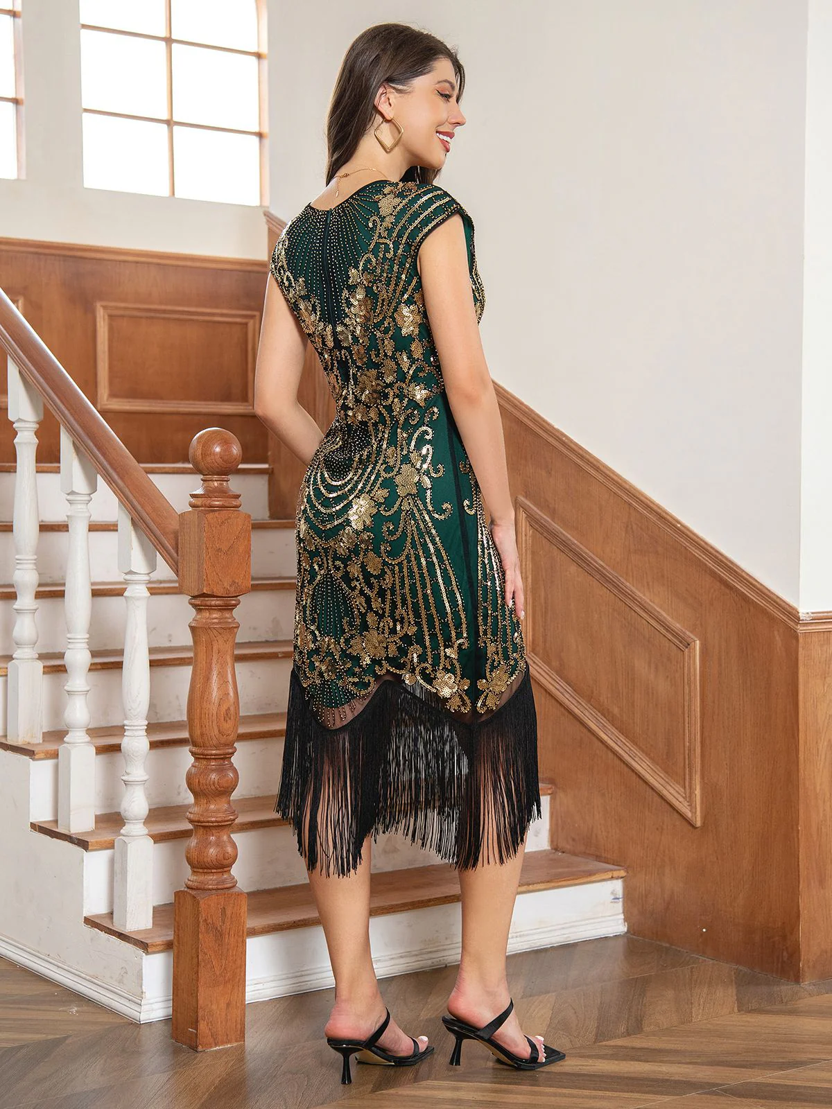 1920s Floral Pattern Sequined Tassel Dress - Image 5