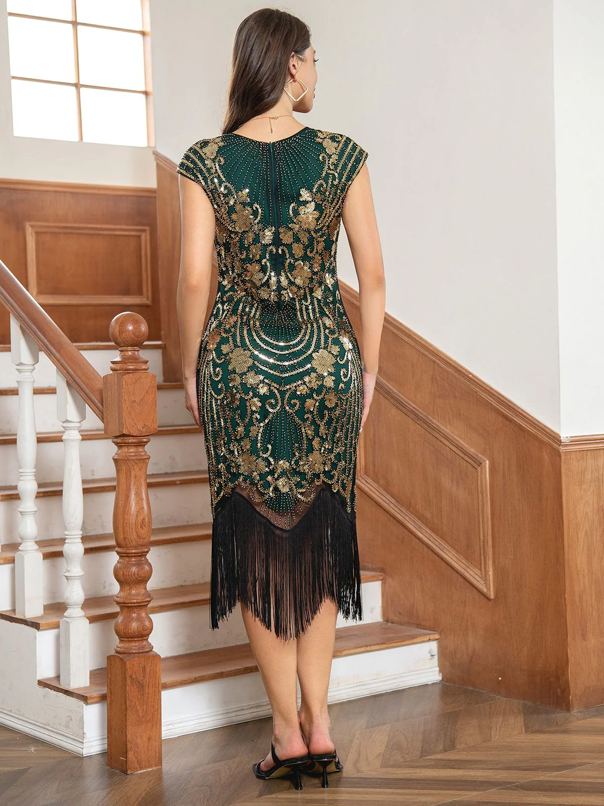 1920s Floral Pattern Sequined Tassel Dress - Image 6