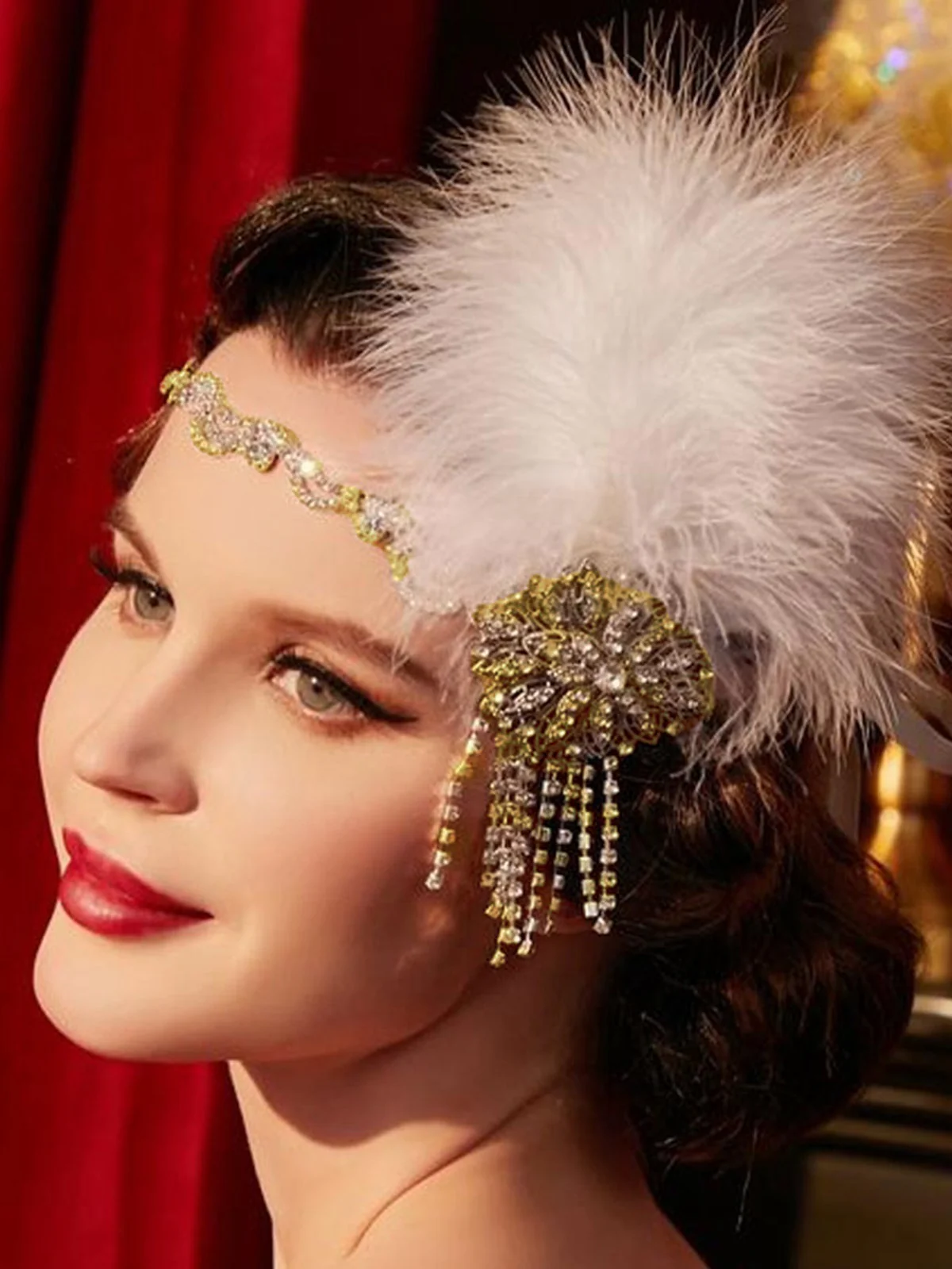 1920s Gatsby Feather Rhinestone Floral Headpiece - Image 4