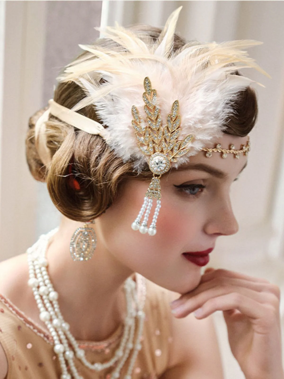 1920s Gatsby Feather Rhinestone Prom Headband - Image 2