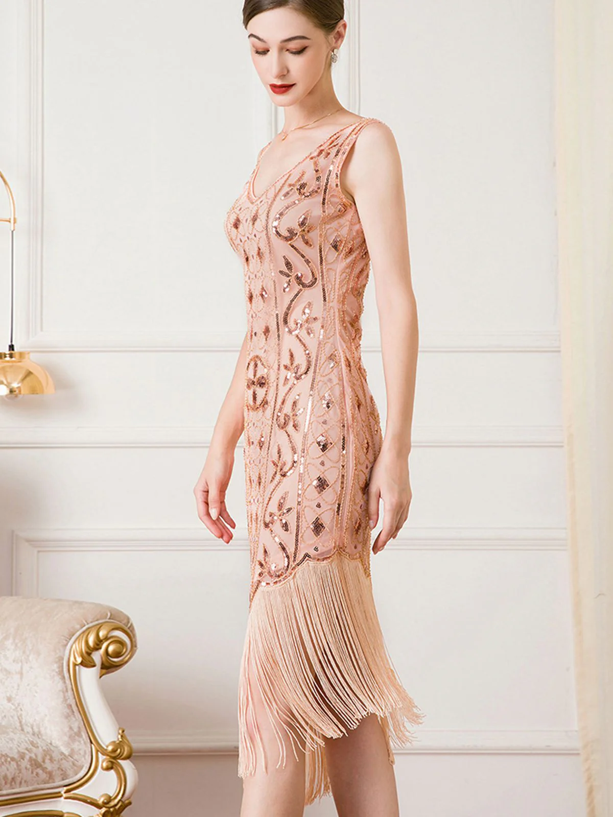 1920s Gatsby Sequins Tassel Oblique Hem Dress - Image 3