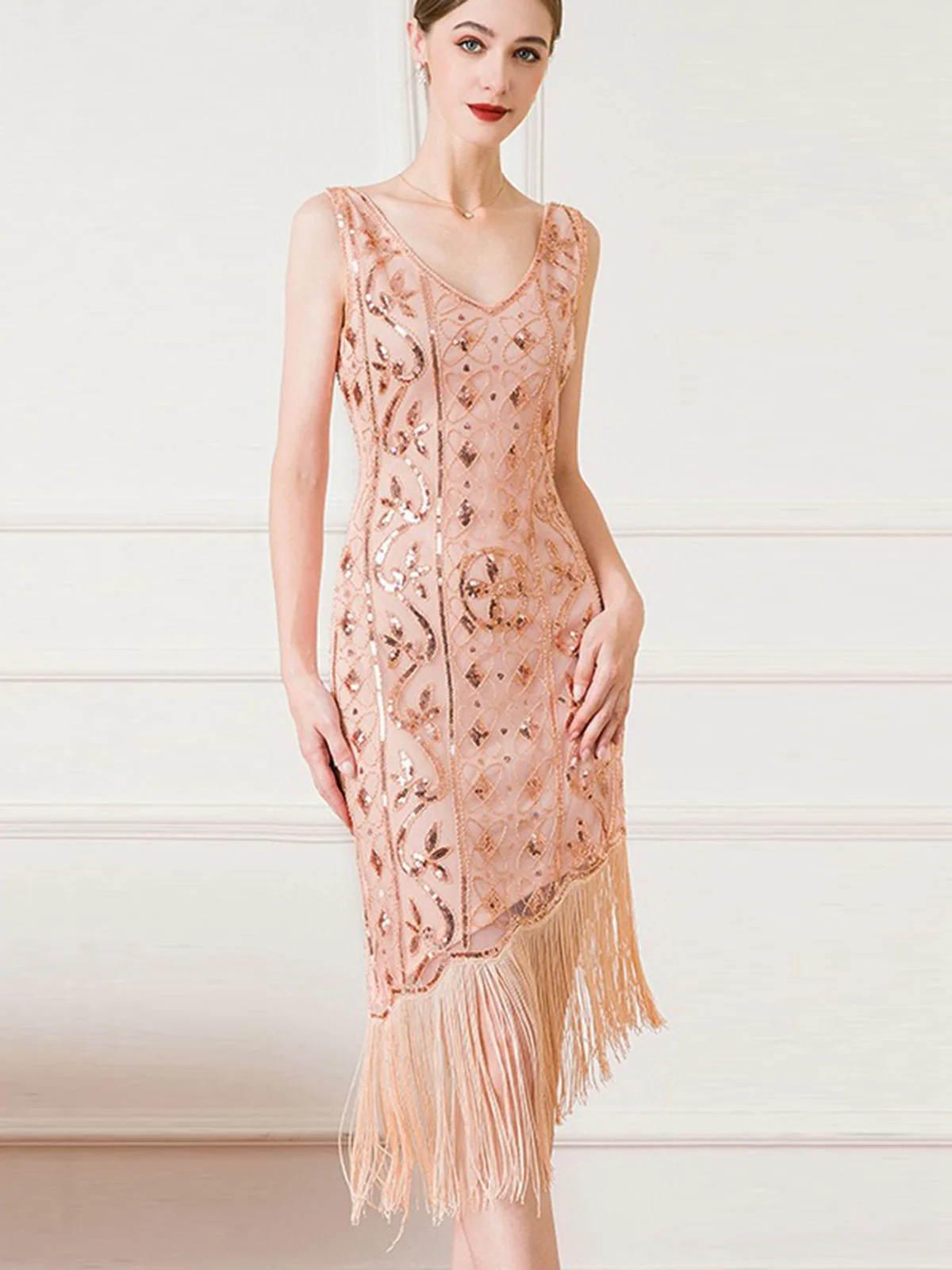 1920s Gatsby Sequins Tassel Oblique Hem Dress - Image 4