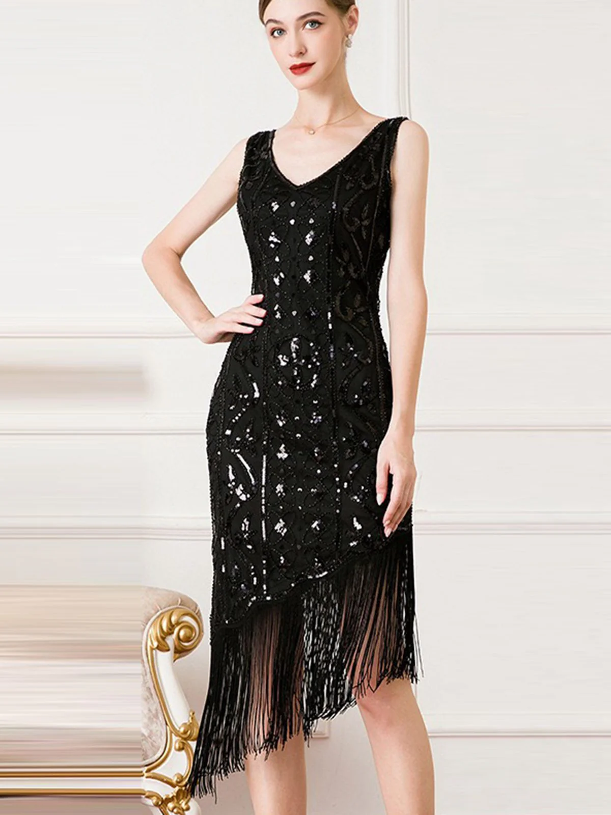 1920s Gatsby Sequins Tassel Oblique Hem Dress - Image 5