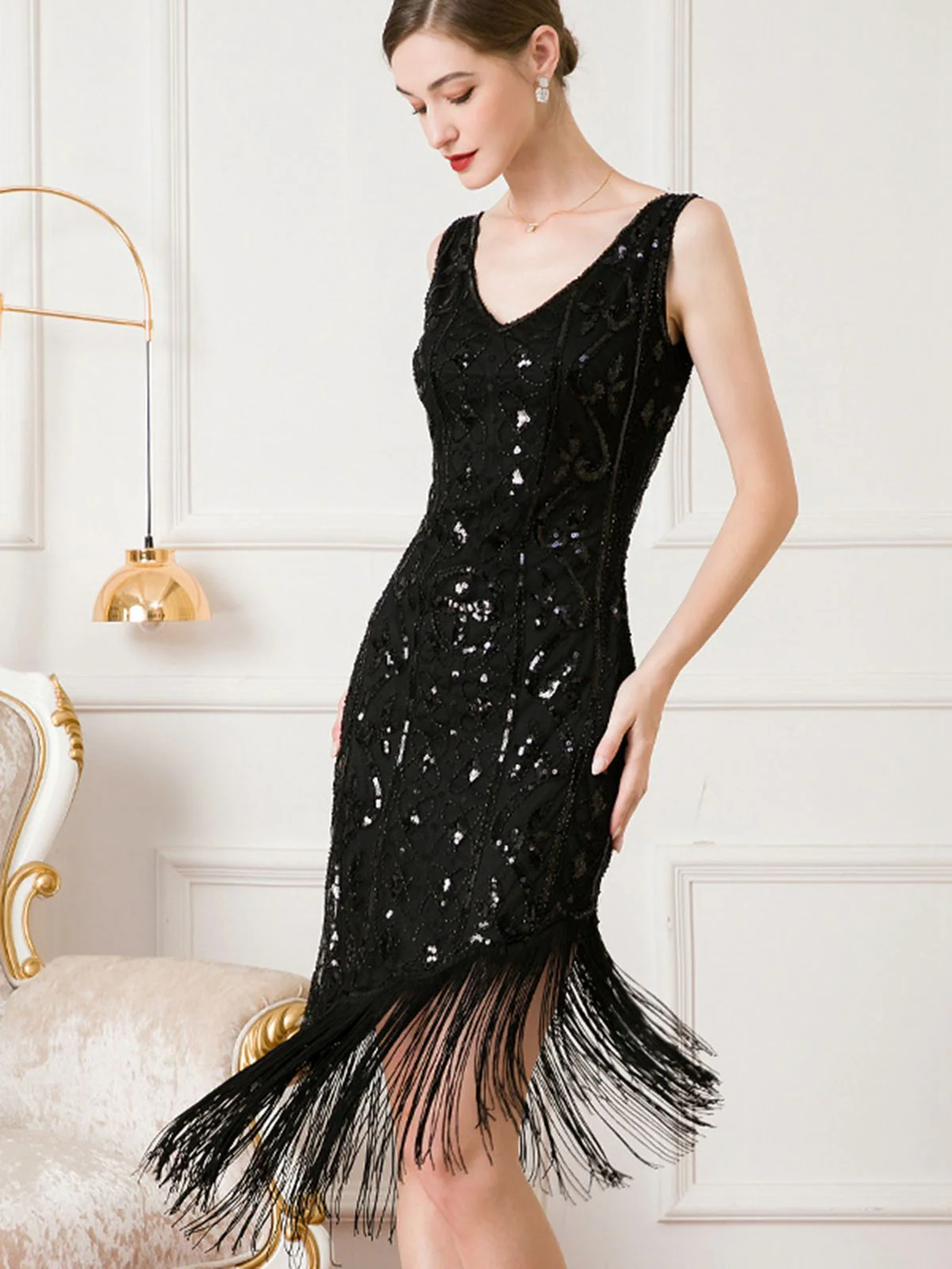 1920s Gatsby Sequins Tassel Oblique Hem Dress - Image 7