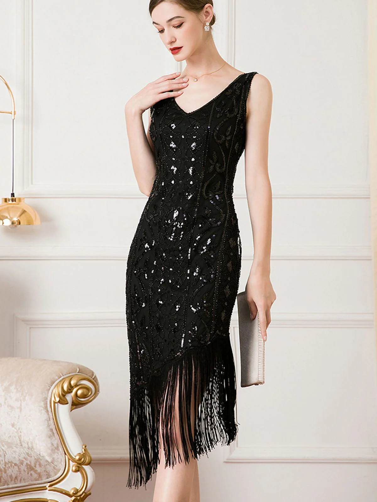 1920s Gatsby Sequins Tassel Oblique Hem Dress - Image 8
