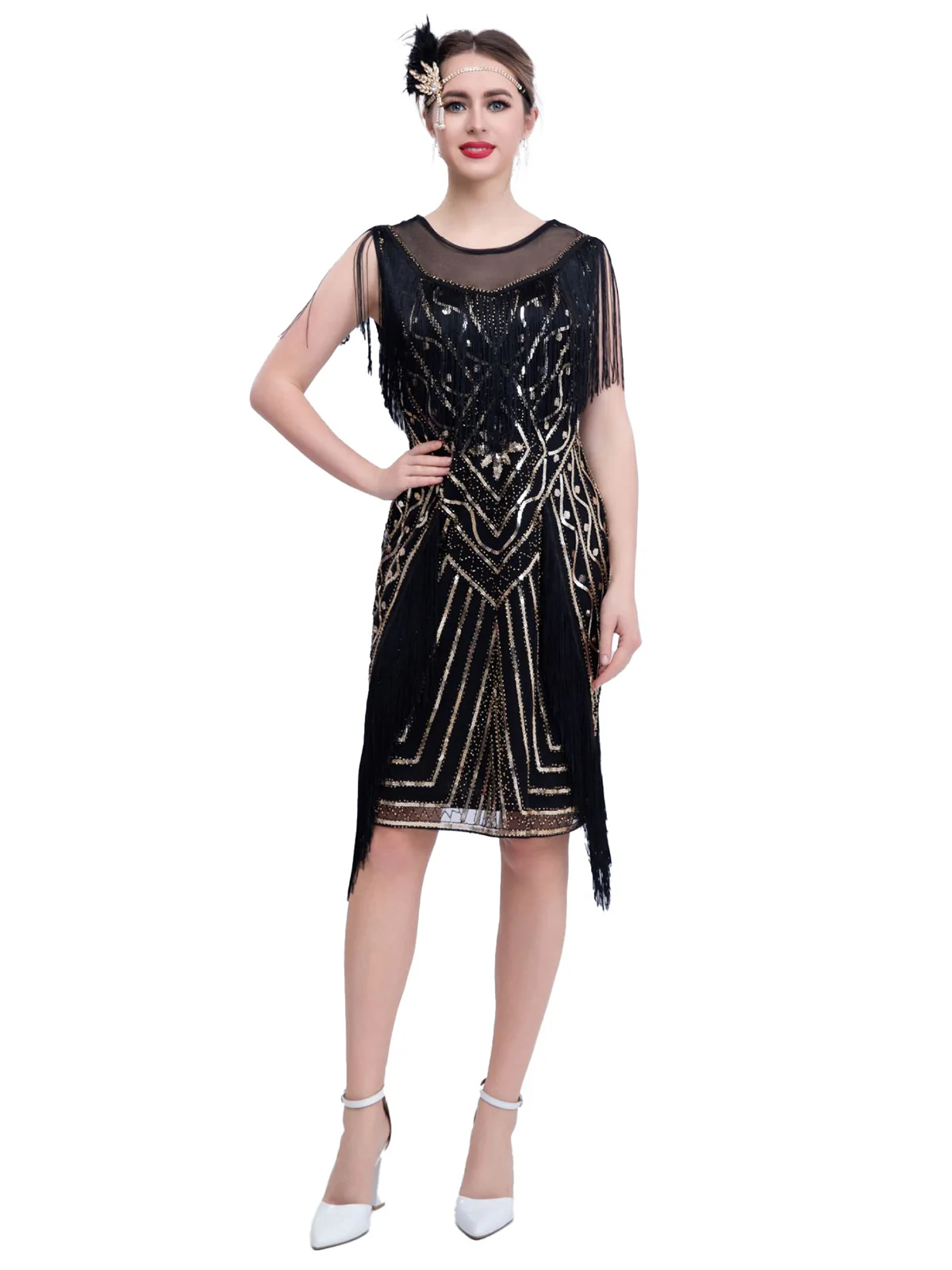 1920s Gatsby Sheer Neck Tassel Sequins Dress - Image 2