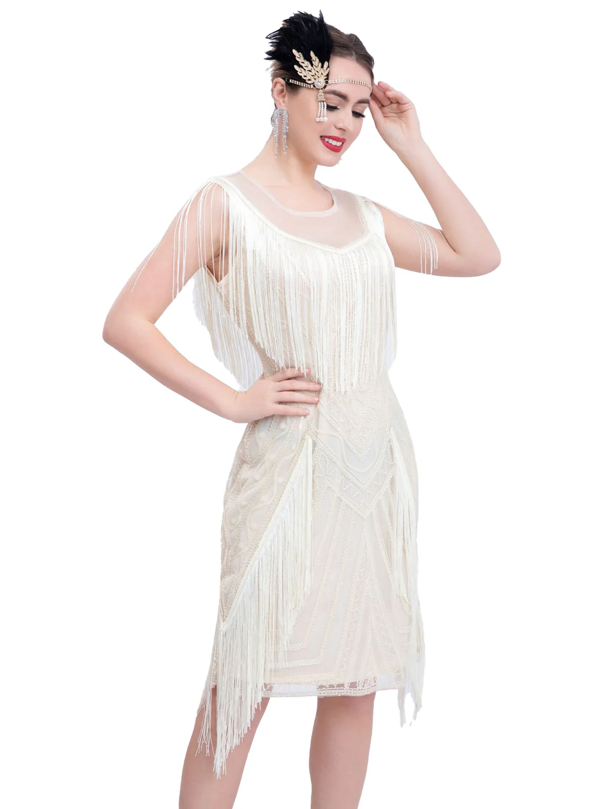 1920s Gatsby Sheer Neck Tassel Sequins Dress - Image 4