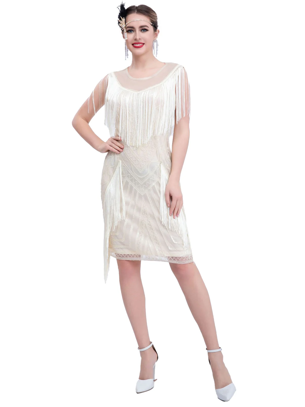 1920s Gatsby Sheer Neck Tassel Sequins Dress - Image 5