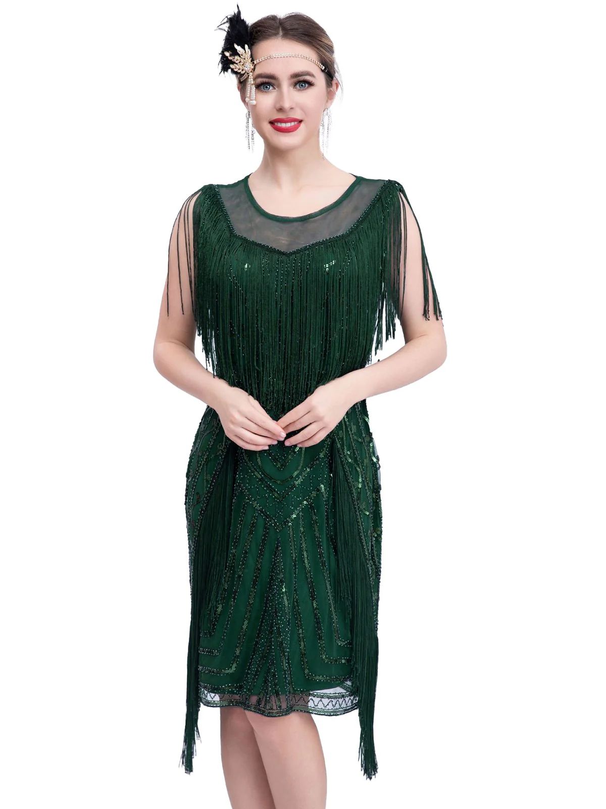 1920s Gatsby Sheer Neck Tassel Sequins Dress - Image 6