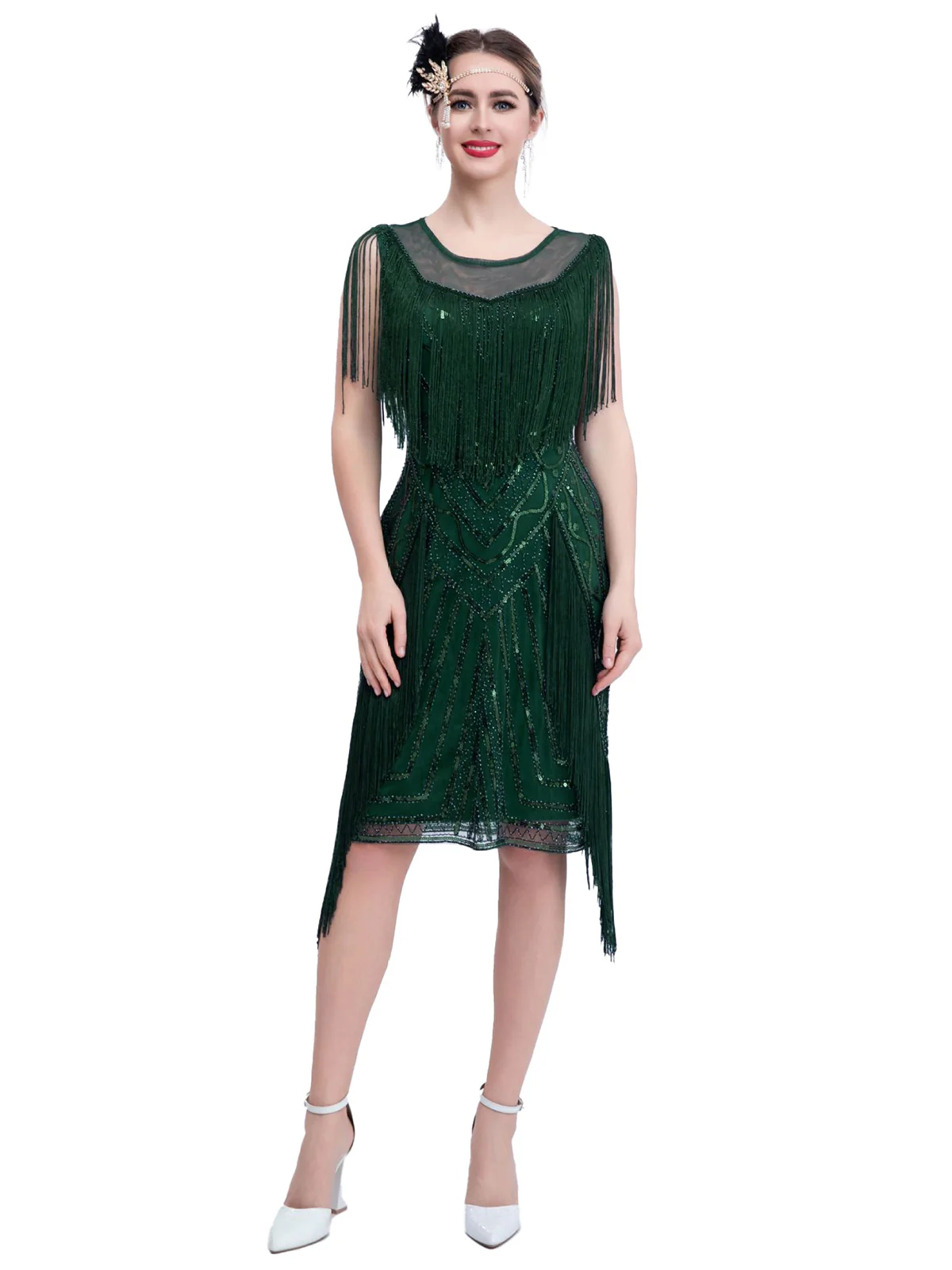 1920s Gatsby Sheer Neck Tassel Sequins Dress - Image 7