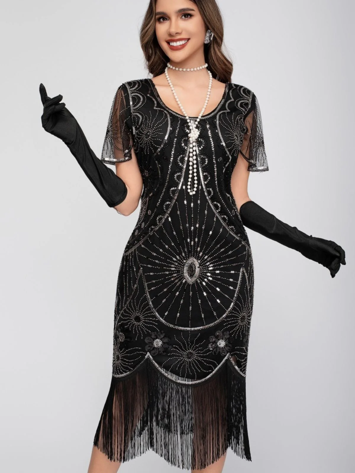 1920s Scoop Neck Sequin Fringe Flapper Dress - Image 11