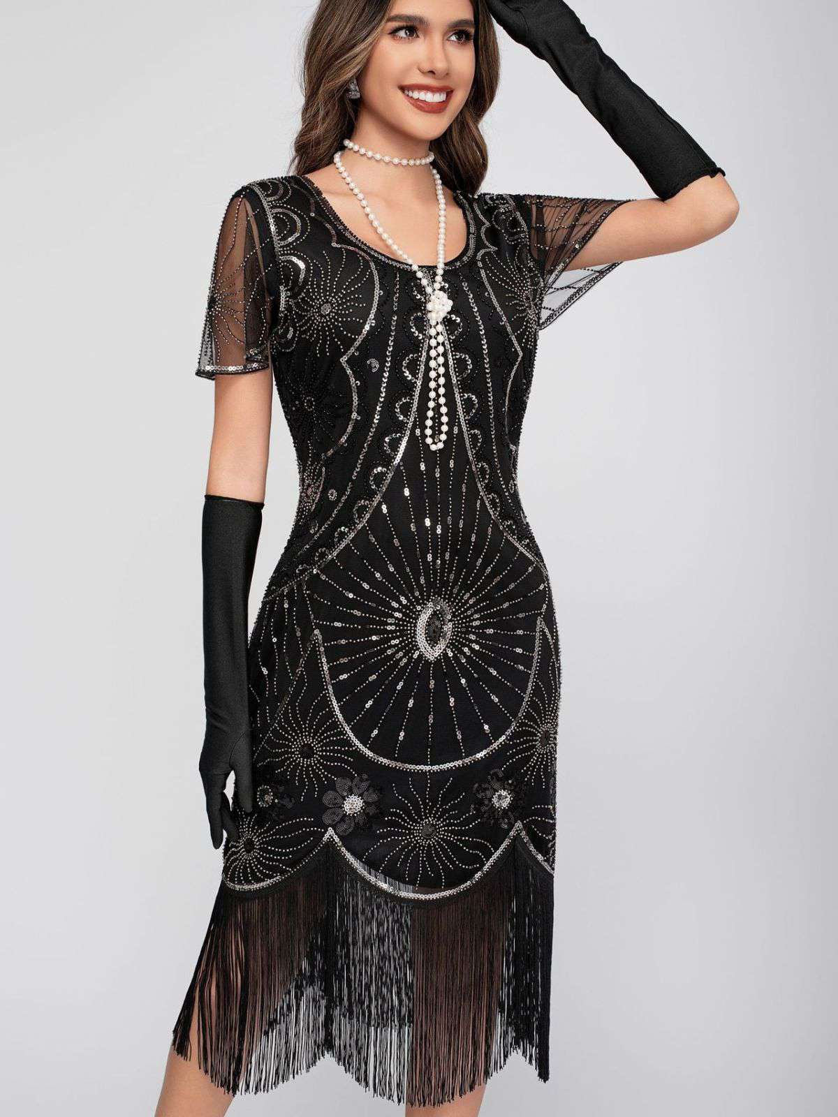 1920s Scoop Neck Sequin Fringe Flapper Dress - Image 12