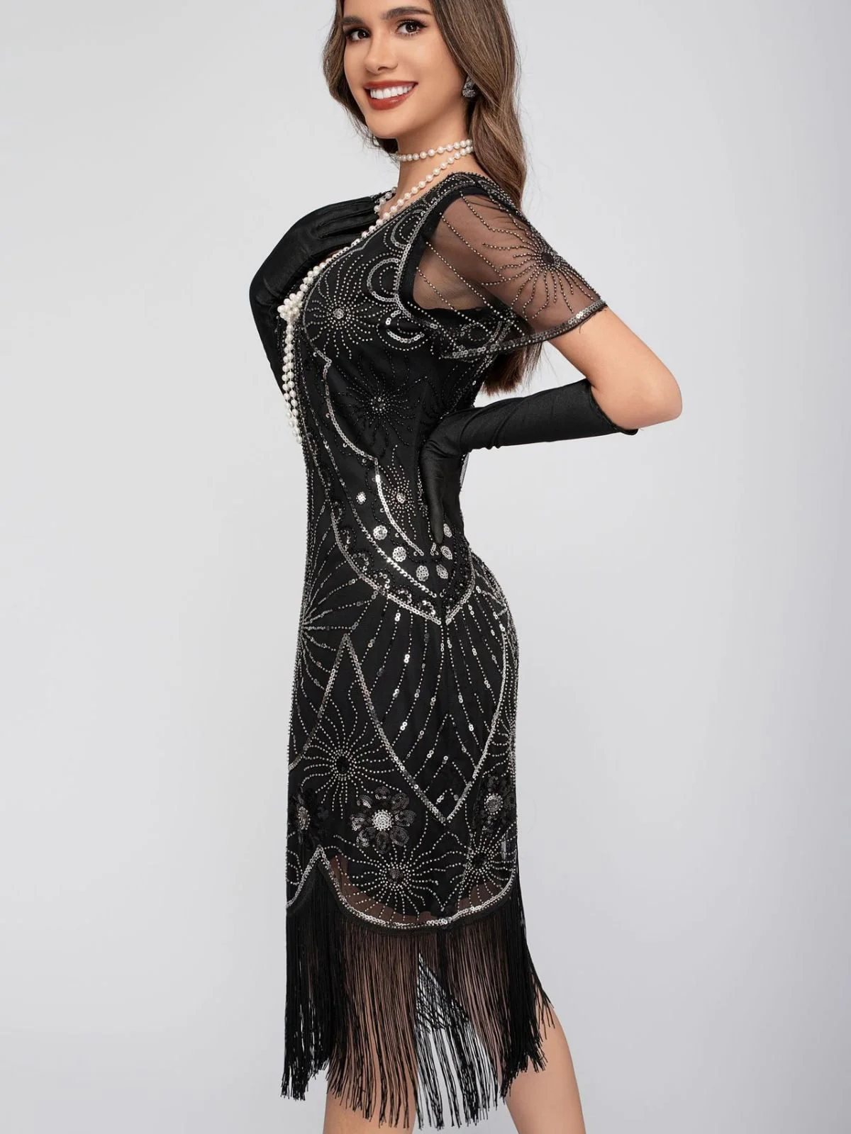 1920s Scoop Neck Sequin Fringe Flapper Dress - Image 13