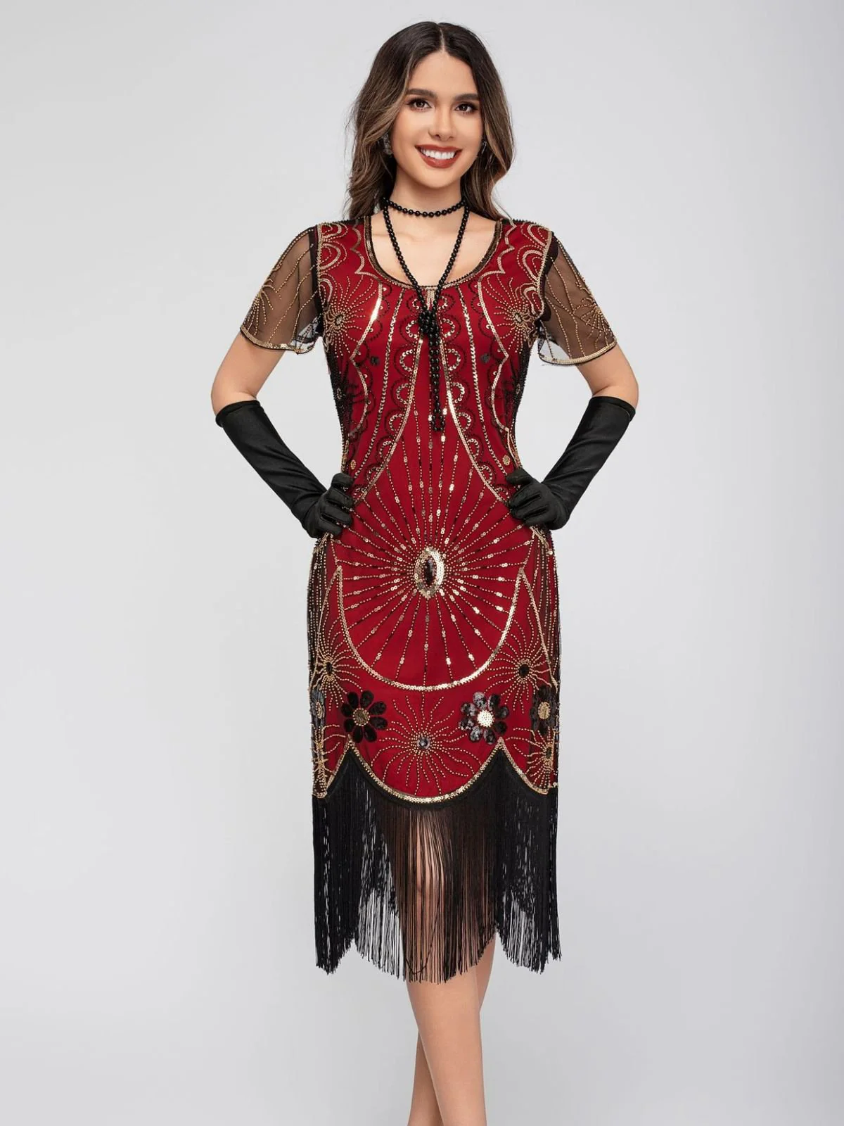 1920s Scoop Neck Sequin Fringe Flapper Dress - Image 3