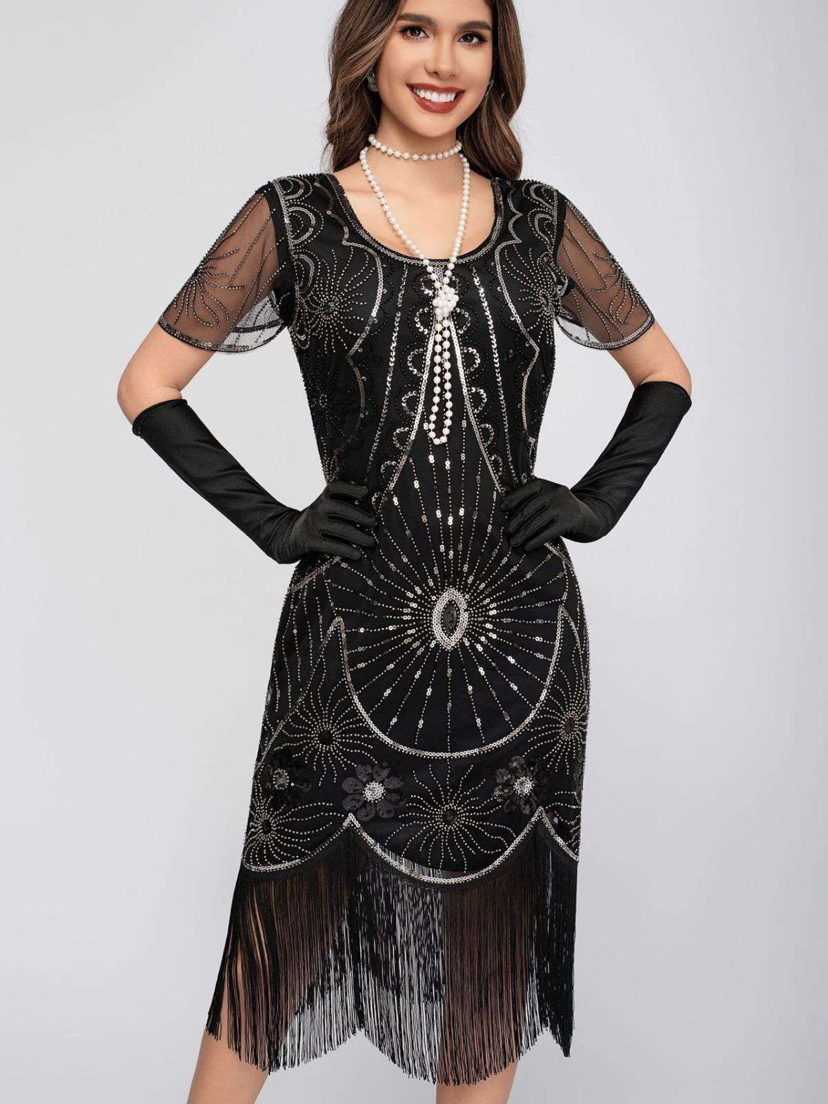 1920s Scoop Neck Sequin Fringe Flapper Dress - Image 4