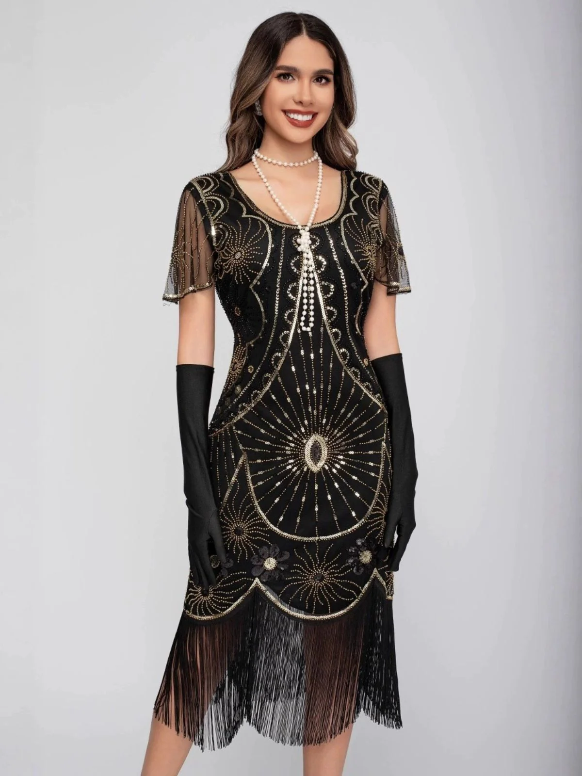 1920s Scoop Neck Sequin Fringe Flapper Dress - Image 5