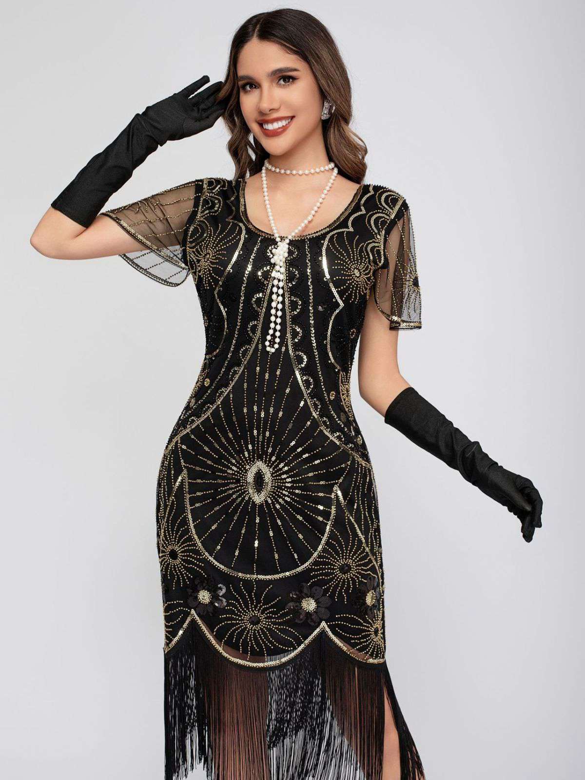 1920s Scoop Neck Sequin Fringe Flapper Dress - Image 6