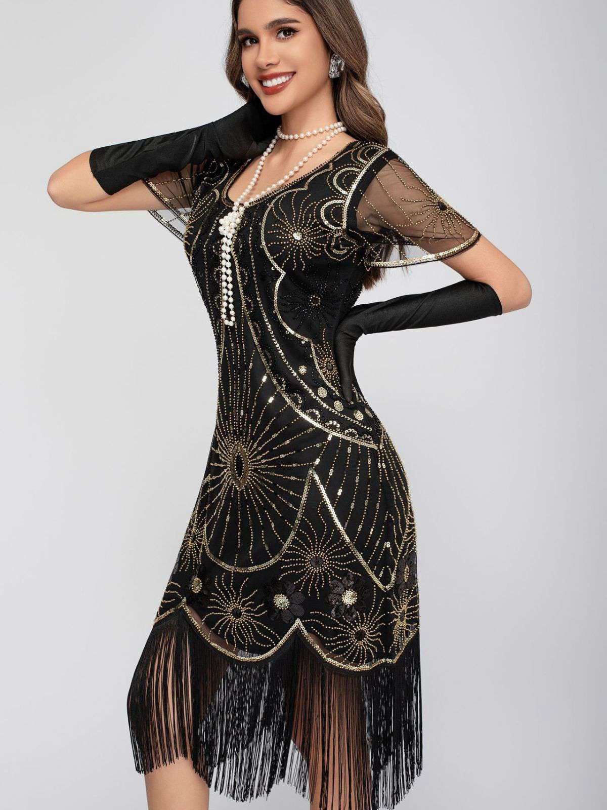 1920s Scoop Neck Sequin Fringe Flapper Dress - Image 7