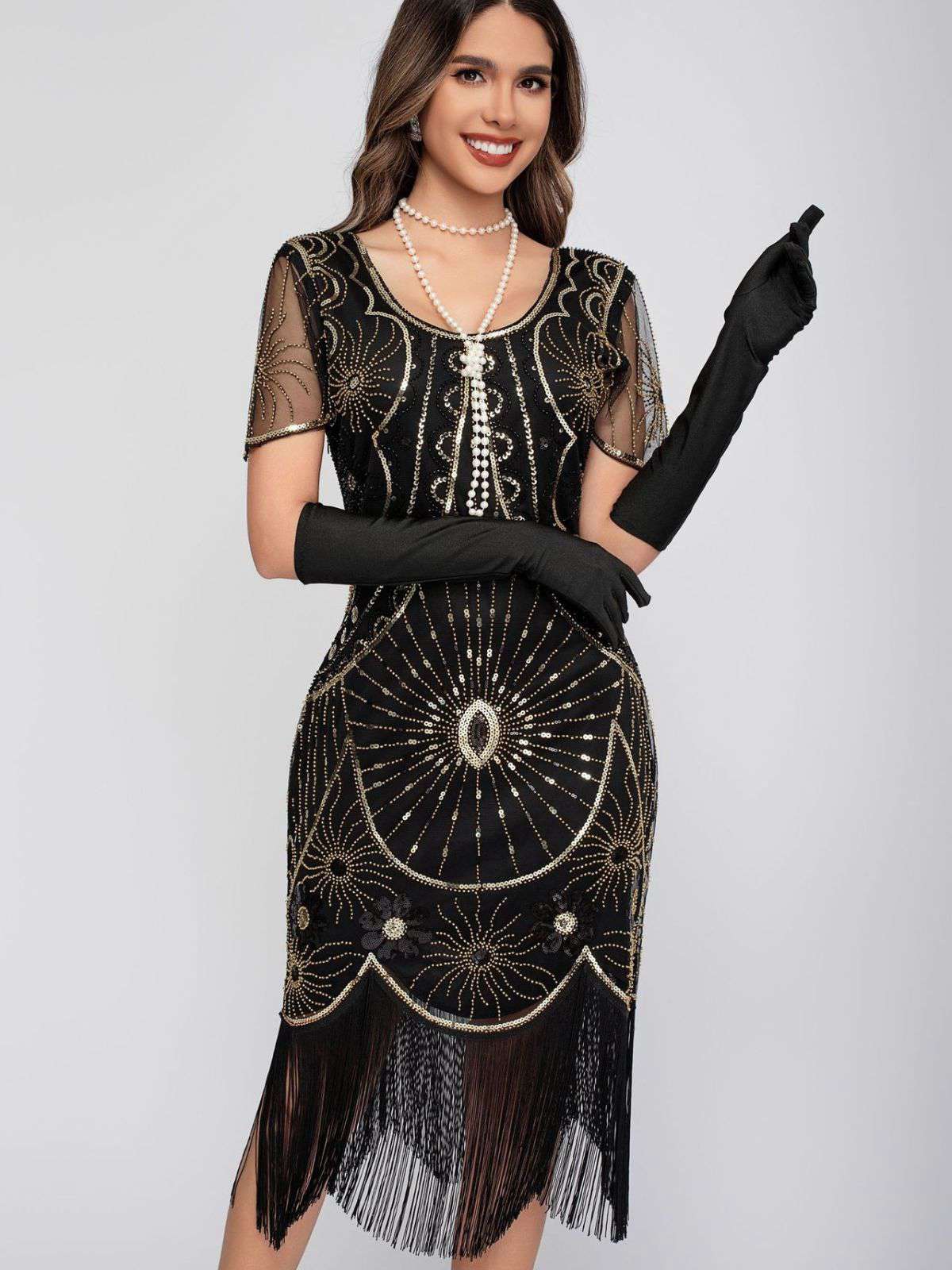 1920s Scoop Neck Sequin Fringe Flapper Dress - Image 8