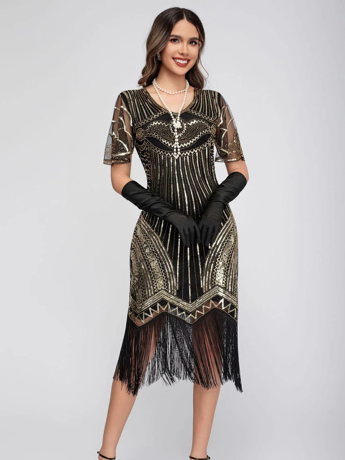 1920s Scoop Neck Sequin Tassels Charleston Dress - Image 3