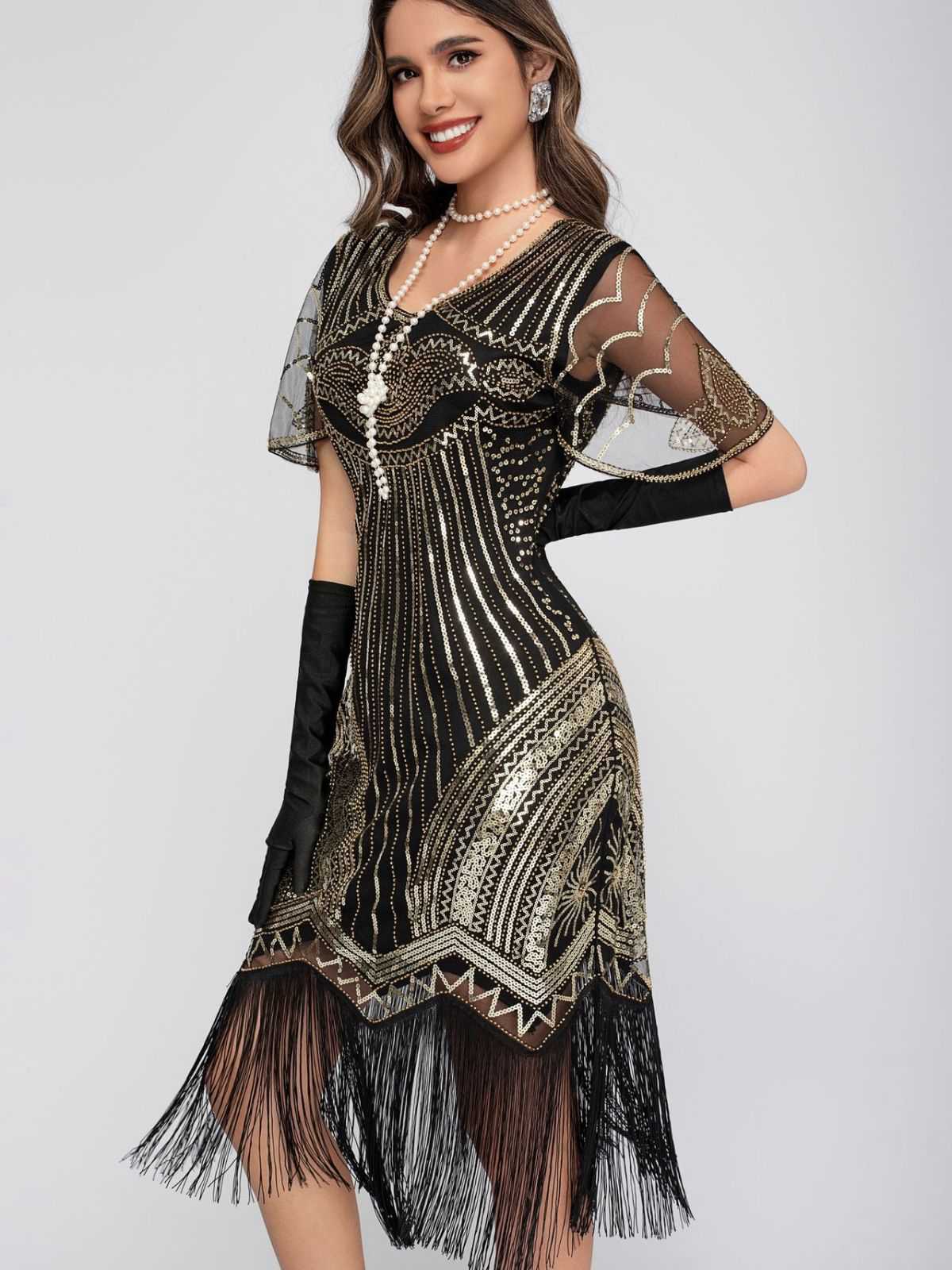 1920s Scoop Neck Sequin Tassels Charleston Dress - Image 4