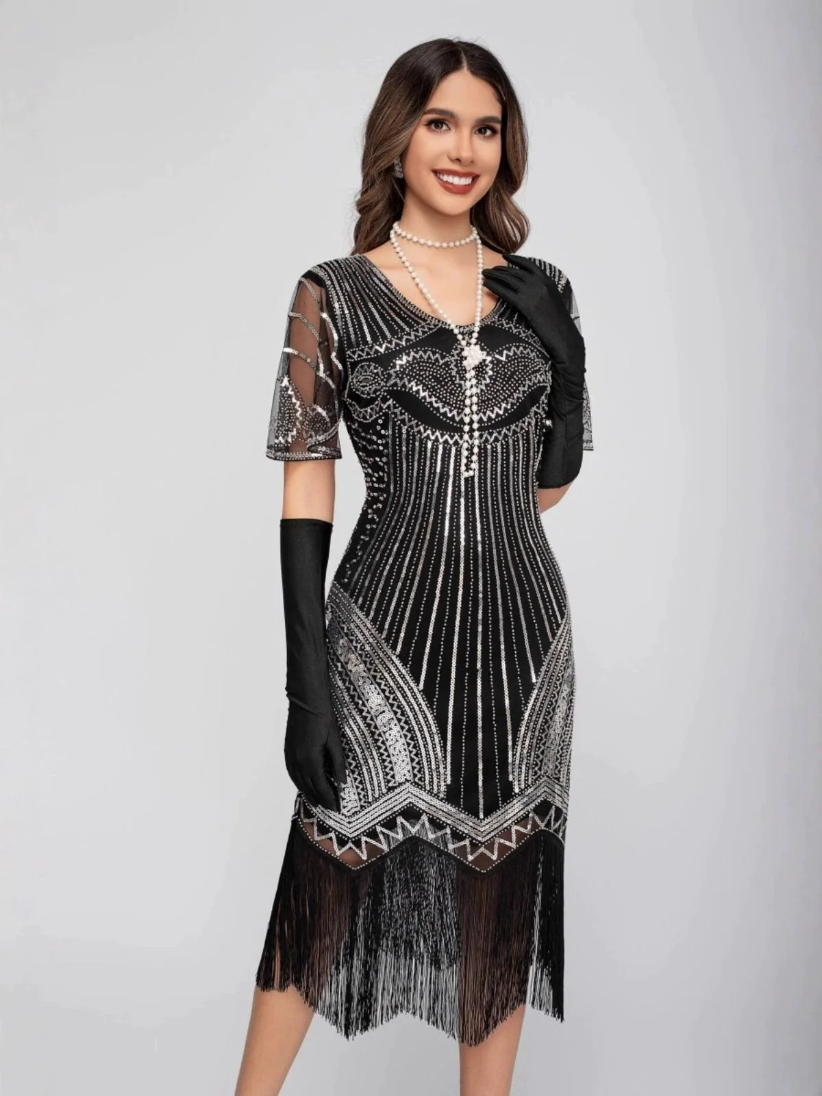 1920s Scoop Neck Sequin Tassels Charleston Dress - Image 5