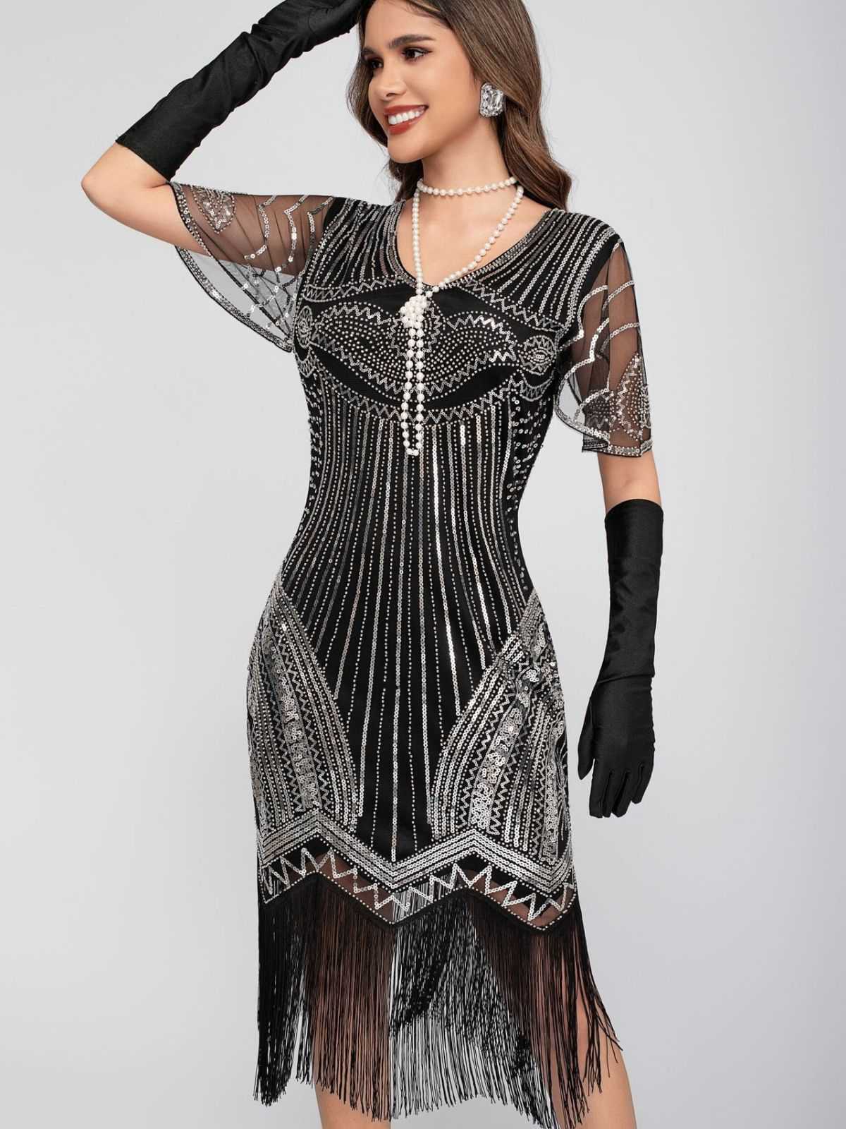 1920s Scoop Neck Sequin Tassels Charleston Dress - Image 6