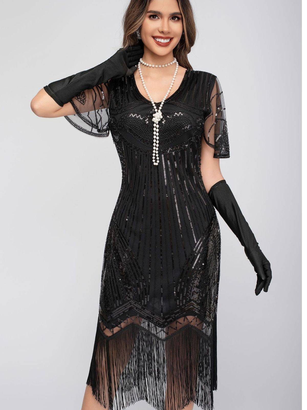 1920s Scoop Neck Sequin Tassels Charleston Dress - Image 9