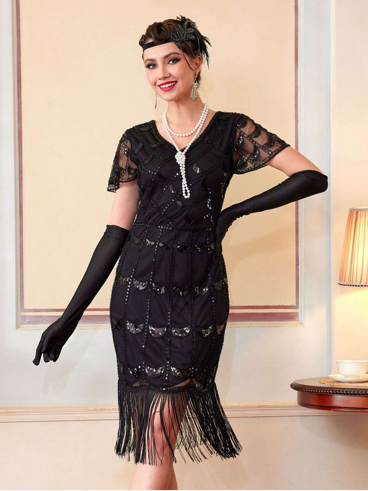 1920s Sequin Beaded Fringe Flapper Dress - Image 6