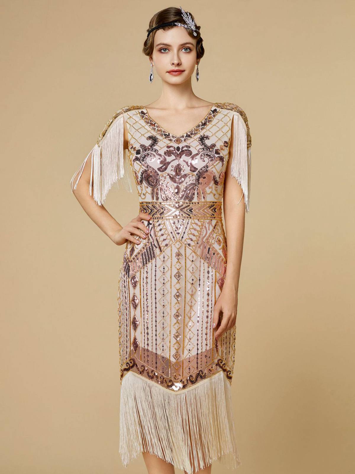1920s Sequin Fringe Flapper V-Neck Dress - Image 10