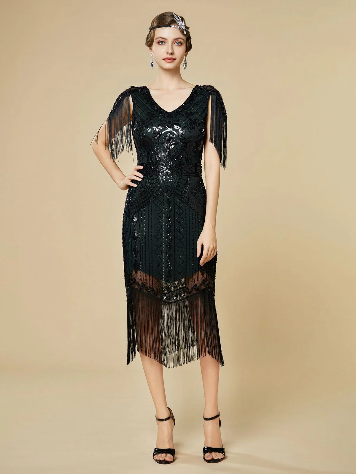 1920s Sequin Fringe Flapper V-Neck Dress - Image 11