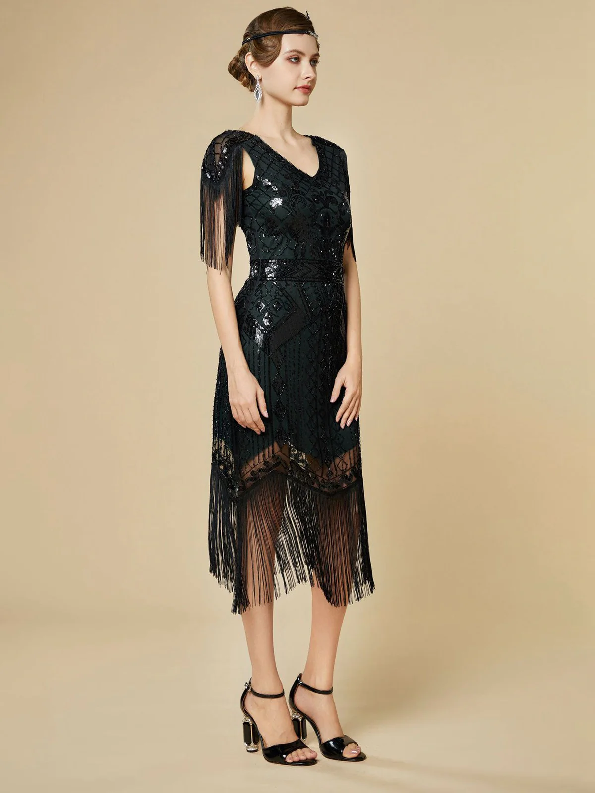 1920s Sequin Fringe Flapper V-Neck Dress - Image 12