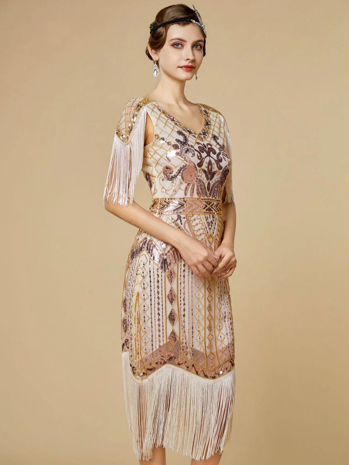 1920s Sequin Fringe Flapper V-Neck Dress - Image 13