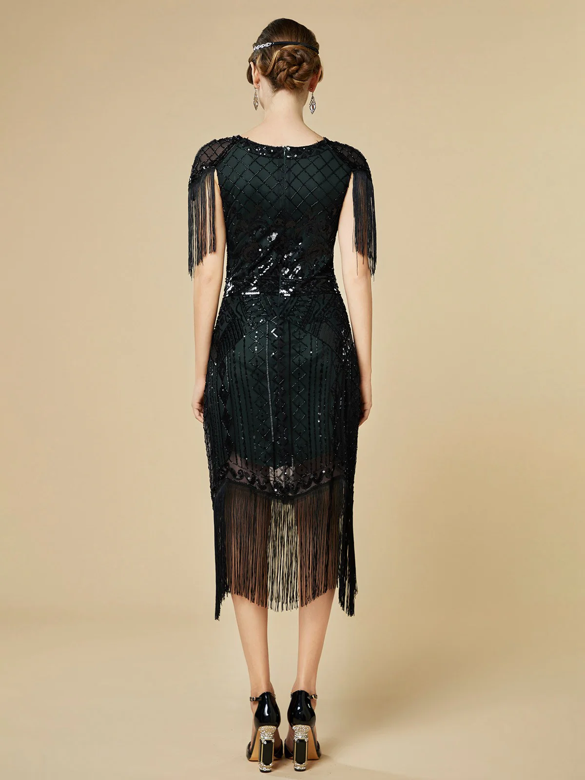 1920s Sequin Fringe Flapper V-Neck Dress - Image 14