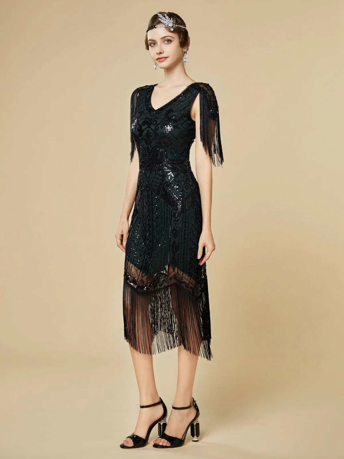 1920s Sequin Fringe Flapper V-Neck Dress - Image 15