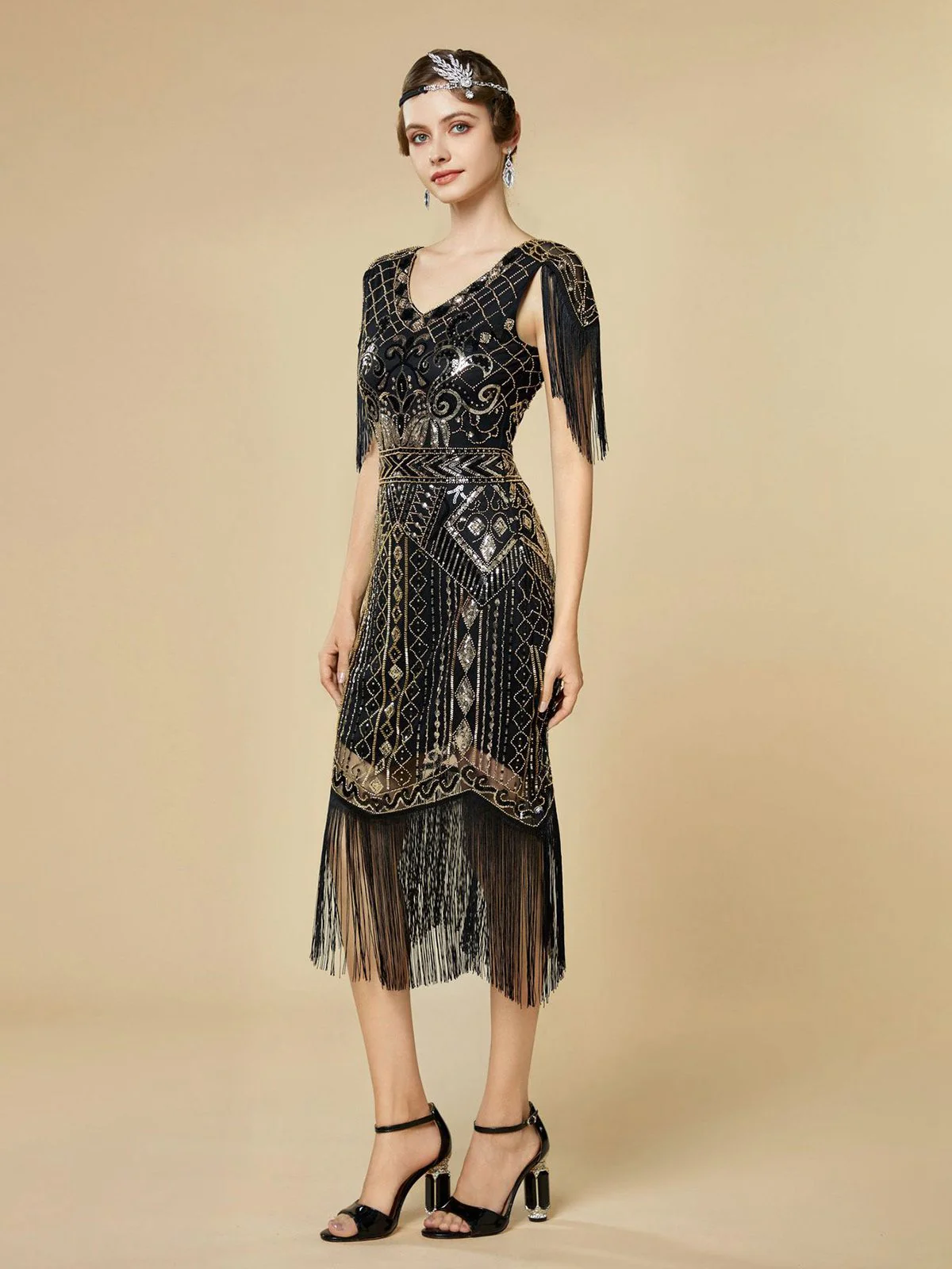1920s Sequin Fringe Flapper V-Neck Dress - Image 16