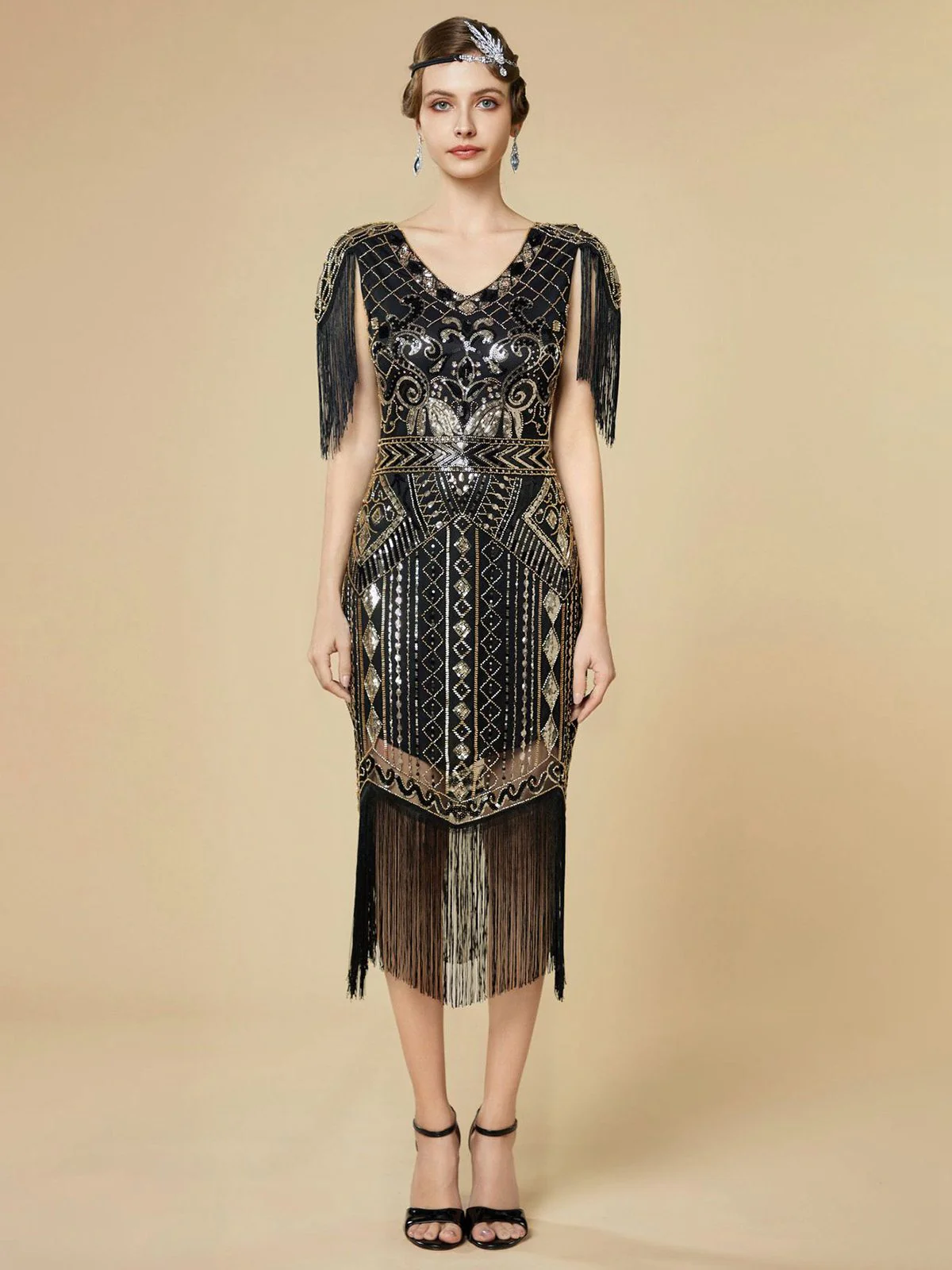 1920s Sequin Fringe Flapper V-Neck Dress - Image 17