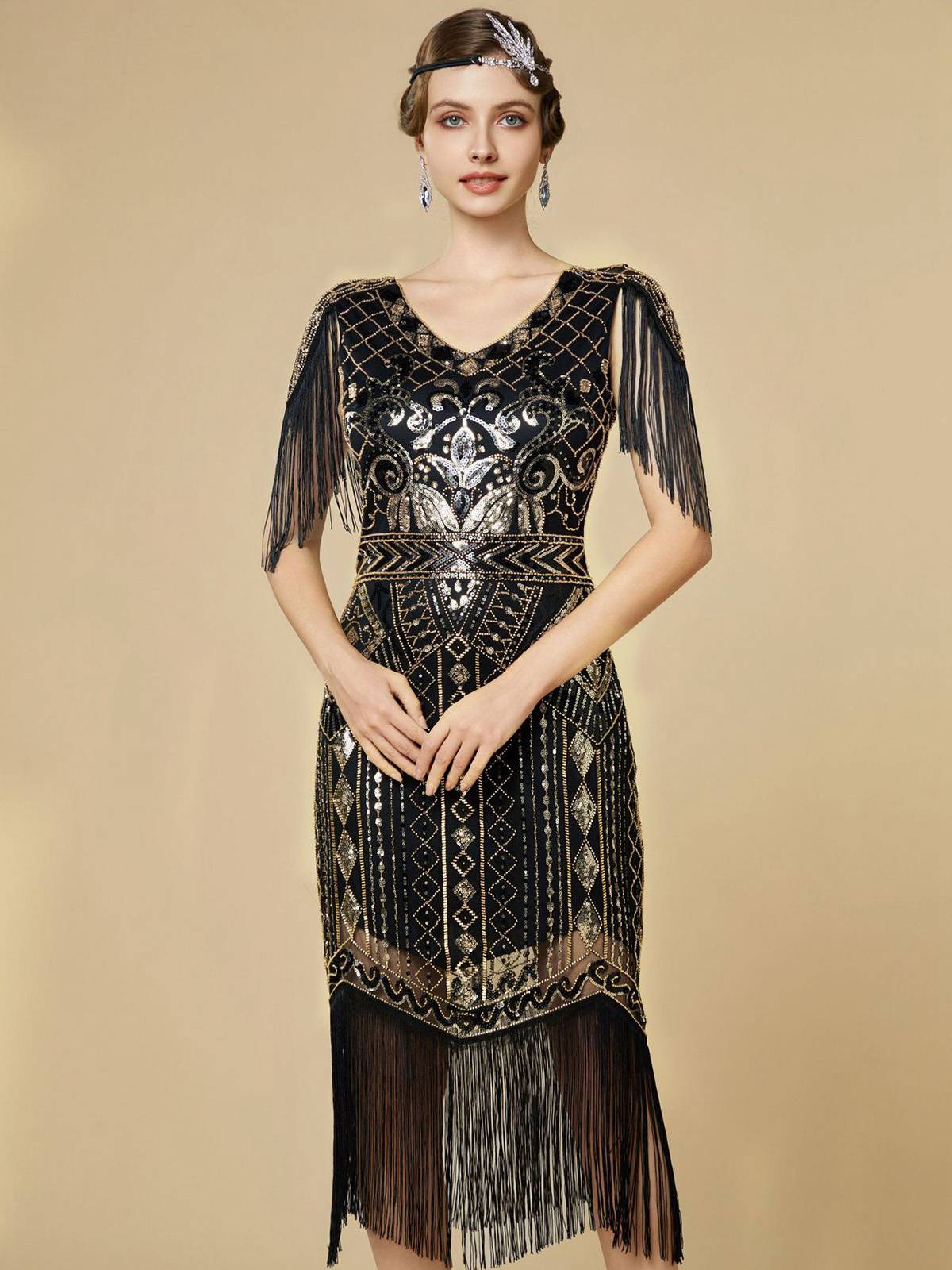 1920s Sequin Fringe Flapper V-Neck Dress - Image 18